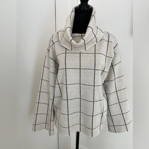 RAIN + ROSE Bell Sleeve Cowl Neck Sweater Neutral Windowpane Pattern Oversize